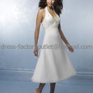 A-line White SATIN Bridal Evening Dress Halter V-neck Calf Length Wedding Dress