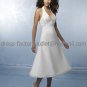 A-line White SATIN Bridal Evening Dress Halter V-neck Calf Length Wedding Dress
