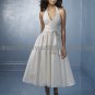 A-line Short White Taffeta Evening Dress Bridesmaid Dress Sleevelss Halter Calf Length Wedding Dress