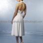 A-line White SATIN Bridal Evening Dress Halter V-neck Calf Length Wedding Dress