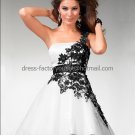 A-line Short White Organza Black Lace Evening Dress Prom Dress One Shoulder Beach Wedding Dress