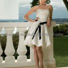 A-line Short White Satin Black Sash Evening Dress Bridesmaid Dress Strapless Beach Wedding Dress
