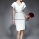 A-line Short White Pleated Chiffon Evening Dress Bridesmaid Dress Short Sleeves Beach Wedding Dress