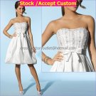 A-line White Taffeta Embroidery Short Evening Dress Bridal Dress Strapless Beach Wedding Dress S276