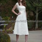 A-line White Satin Short Evening Dress Lace Bridal Dress Strapless Calf Length Beach Wedding Dress