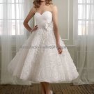 A-line White Organza Lace Bridal Dress Strapless Calf Length Beach Wedding Dress