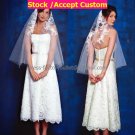 A-line White Satin Short Evening Dress Lace Bridal Dress Strapless Calf Length Beach Wedding Dress