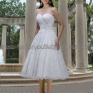 A-line White Organza Lace Short Bridal Dress Beaded Strapless Calf Length Beach Wedding Dress