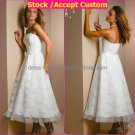 A-line White Satin Short Prom Dress Lace Bridal Dress Strapless Calf Length Beach Wedding Dress