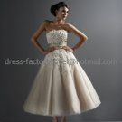 A-line Champagne Sash Tulle Bridal Dress Lace Applique Ankle Length Beach Wedding Dress