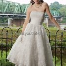A-line Pleated White Organza Lace Bridal Dress Strapless Calf Length Beach Wedding Dress