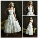 A-line White Tiered Tulle Lace Bridal Dress Handmade Flowers Ankle Length Beach Wedding Dress