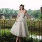 A-line Pleated White Organza Lace Bridal Dress Strapless Calf Length Beach Wedding Dress