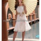 A-line Champagne Sash Lace Bridal Dress Strapless Empire Knee Length Beach Wedding Dress W512