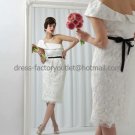 White Black Sash One Shoulder Lace Bridal Dress Strapless Beaded Knee Length Beach Wedding Dress