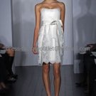 White Ivory Short Lace Bridal Dress Satin Sash Strapless Beaded Knee Length Beach Wedding Dress M122