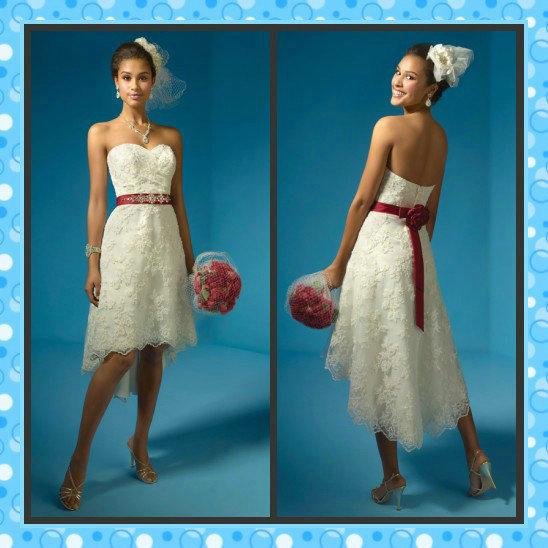 White Ivory Lace Red Sash Bridal Dress Strapless Short Front Long Back ...