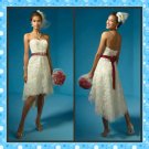 White Ivory Lace Red Sash Bridal Dress Strapless Short Front Long Back Hi-low Beach Wedding Dress