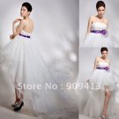 White Organza Purple Sash Bridal Dress Strapless Short Front Long Back Hi-low Beach Wedding Dress