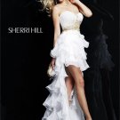 White Organza Gold Beads Bridal Dress Strapless Short Front Long Back Hi-low Beach Wedding Dress