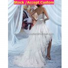 White Organza Tiered Bridal Dress Strapless Short Front Long Back Hi-low Beach Wedding Dress