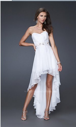 White Chiffon Beaded Bridal Evening Dress Strapless High Front Low Back Hi-low Beach Wedding Dress
