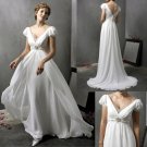 A-line White Chiffon Bridal Gown Beaded Prom Dress Short Sleeves V-neck Empire Waist Wedding Dress