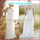White Lace Chiffon Empire Waist Bridal Evening Dress V-neck Long Pregnant  Wedding Dress