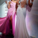 Pink White Chiffon Lace Bridal Evening Dress Jeweled Backless Prom Dress Formal Gown