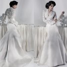 White Lace Satin Mermaid Bridal Gown V-neck Long Sleeves Wedding Dress CHAPEL Train