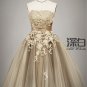 A-line Champagne Sash Tulle Bridal Dress Lace Applique Ankle Length Beach Wedding Dress