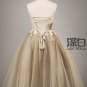 A-line Champagne Sash Tulle Bridal Dress Lace Applique Ankle Length Beach Wedding Dress