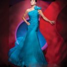 One Shoulder Blue Chiffon Bridal Evening Dress Pleated A-line Prom Dress Formal Gown
