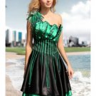 Vintage Black Green Satin One Shoulder Short Evening Dress Jeweled Prom Dress Pleated Party Dress