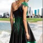 Vintage Black Green Satin One Shoulder Short Evening Dress Jeweled Prom Dress Pleated Party Dress