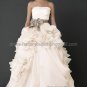 Strapless White Organza A-line Bridal Gown Asymmetrical Wedding Dress Free Gray Sash V1209