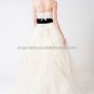 Strapless White Organza Ball Gown Lace Appliques Asymmetrically Wedding Dress Black Sash V21