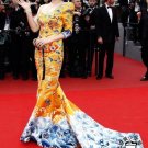 Gold Satin Embroidery China Dragon Robe One Shoulder Short Sleeve Evening Dress Imperial Prom Dress
