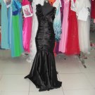 V-neck Bridal  Evening Gown Ruffled Black Satin Pleated Mermaid Wedding Dress