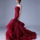 Strapless Mermaid Bridal Gown Drop-waist Corset  Red Wine Organza Petal Skirt Wedding Dress