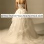 Strapless White Organza Ball Gown Lace Appliques Asymmetrically Wedding Dress Black Sash V21