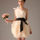 A-line Stock One Shoulder Champagne Organza Bridal Wedding Dress Black Sash Bridesmaid Dress