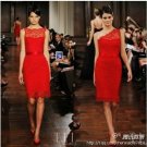 Venice Lace Red Short Bridal Evening Gown Ivory White Lace One Soulder Boat Neck Wedding Dress