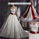 A-line Ivory Wedding Dress 2 Thin Straps Bridal Dress Red Bow Sash Sz 0 2 4 6 8 10 12 14+ Custom