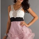 2 Straps V Neck Evening Dress Short Prom Dress White Black Sash Purple Party Dress Sz 2 4 6 8 10+