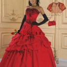 A-line Red Organza Black Lace Quinceanera Dress Strapless Halloween Prom Dress Sz 2 4 6 8 10 12 14+