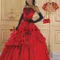A-line Red Organza Black Lace Quinceanera Dress Strapless Halloween Prom Dress Sz 2 4 6 8 10 12 14+
