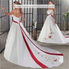 A-line Embroidery Red White Wedding Dress Strapless Bridal Dress Long Train Sz 0 2 4 6 8 10 12+
