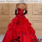 A-line Red Organza Black Lace Quinceanera Dress Strapless Halloween Prom Dress Sz 2 4 6 8 10 12 14+