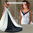 A-line Embroidery Blue White Wedding Dress V-neck Bridal Dress Ball Gown Sz 4 6 8 10 12 14+Custom